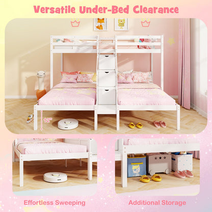 Goflame Twin Over Twin & Twin Bunk Bed, Triple Bunk Beds with 4-Step Storage Stair, Wooden 3 Bunk Beds for Kids Teens