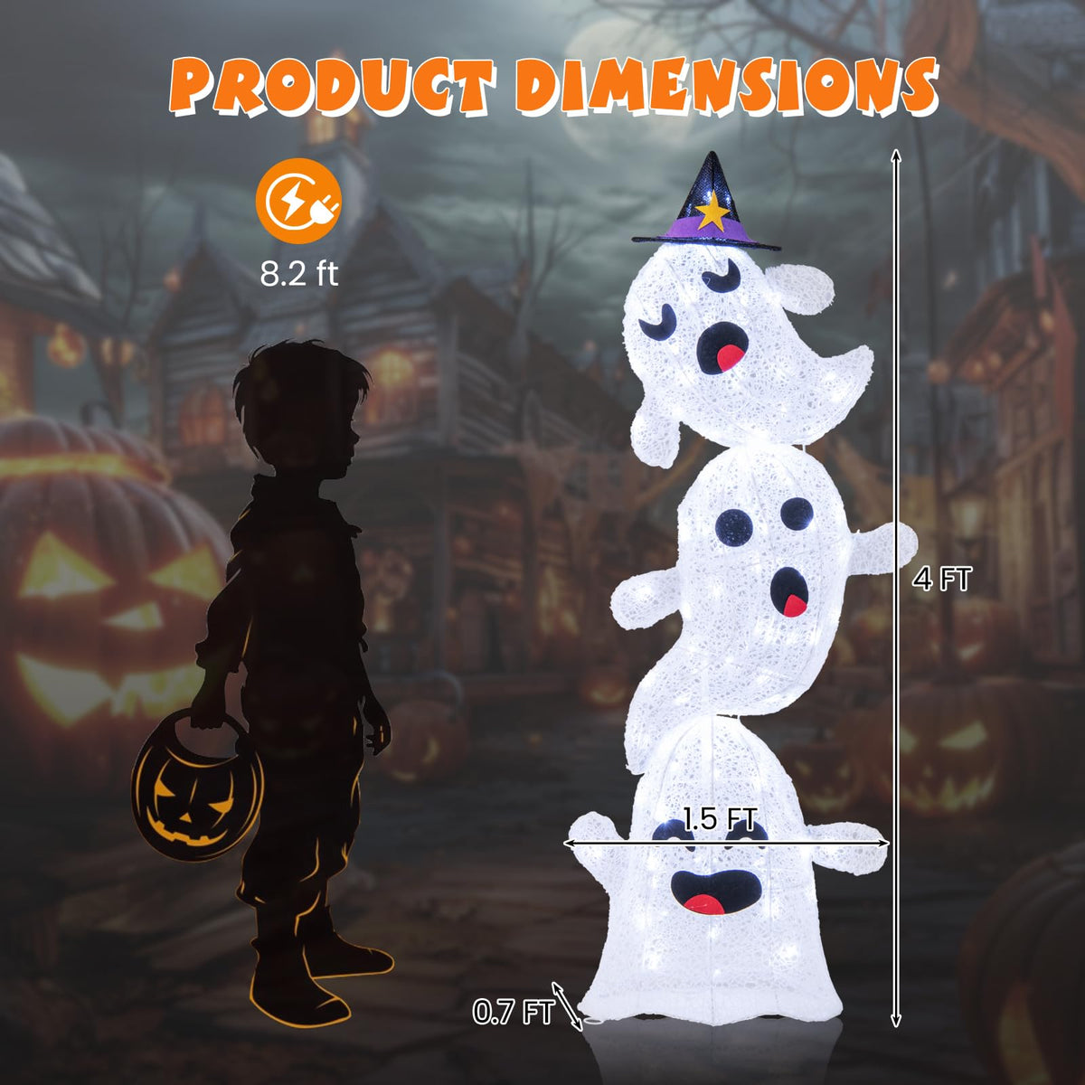 Goflame 4 Ft Halloween Decorations Outdoor Stacked Ghosts, Free-Standing Cute Yard Decorations