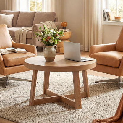 Goflame 30" Wood Center Table with Thickened Tabletop & Cross-Shaped Pine Wood Frame