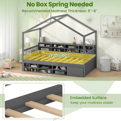 Goflame Twin Size House Bed with Storage, Wooden Montessori House Bed with 14 Storage Cubes