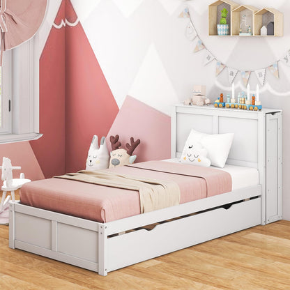 Goflame Full Bed Frame with Twin Trundle, Wooden Bed Wooden Bed Frame with 2 Rolling Bookcases & High Headboard