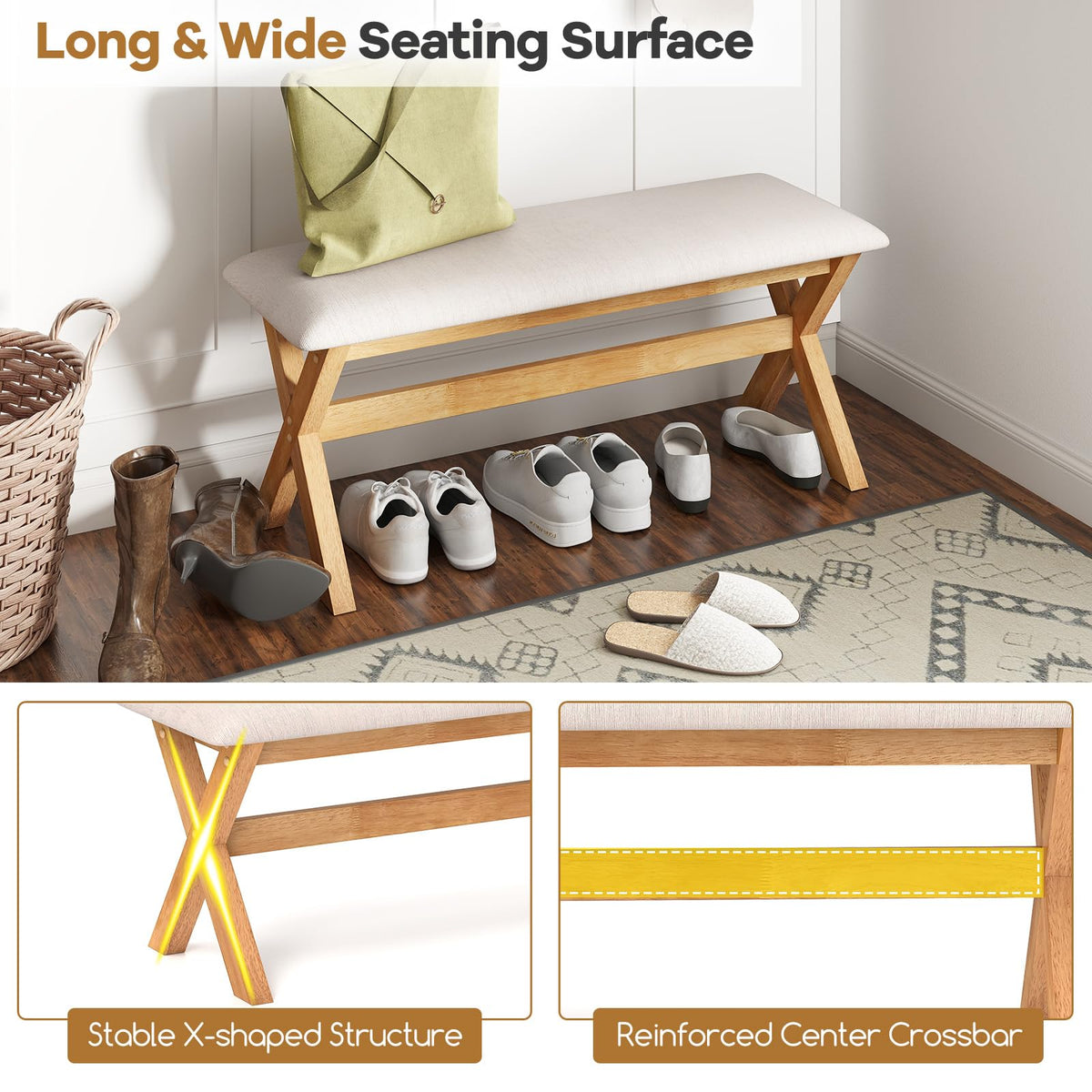 Goflame Upholstered Long Entryway Bench, Rubber Wood Dining Bench with Padded Seat, 43.5x15.5x17.5 Inches, 400 Lbs Capacity