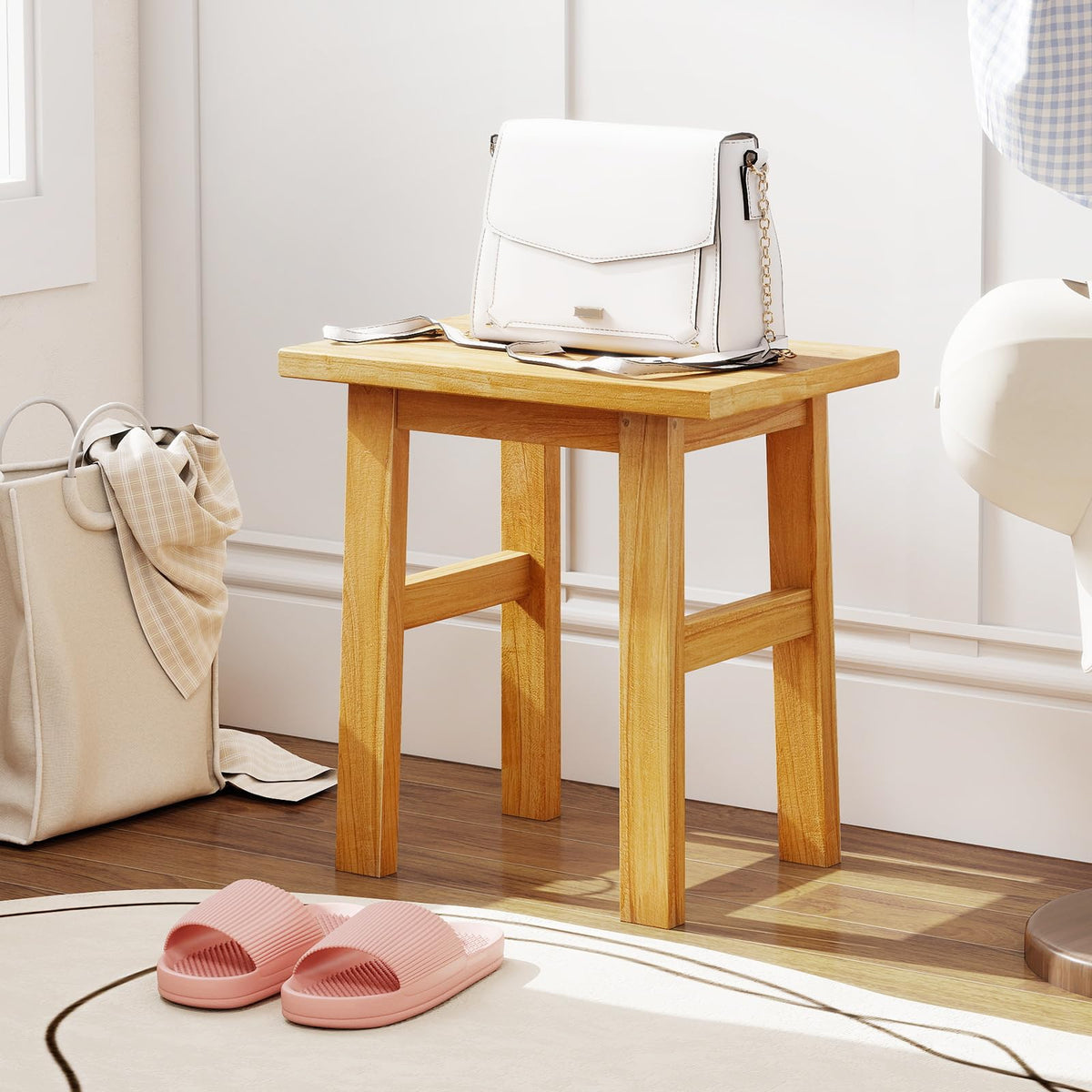 Goflame Solid Teak Shower Bench Stool for Bathroom with Water-Resistant Finish 18''L x 12''W x 18''H