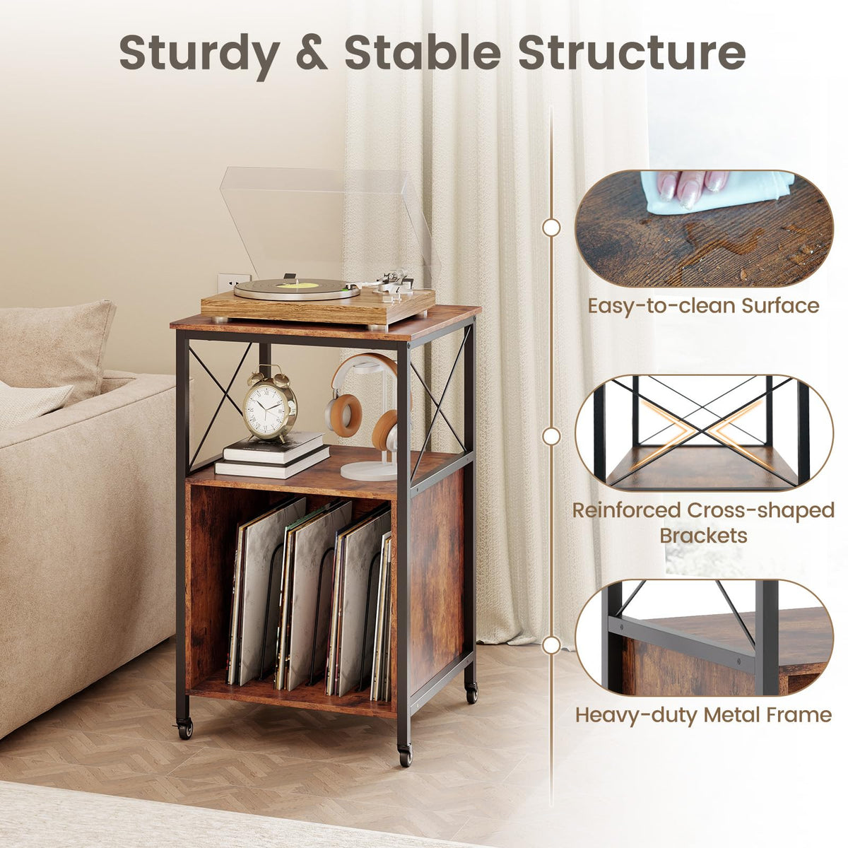 Goflame Record Player Stand with Charging Station Rolling 3-Tier Turntable Stand