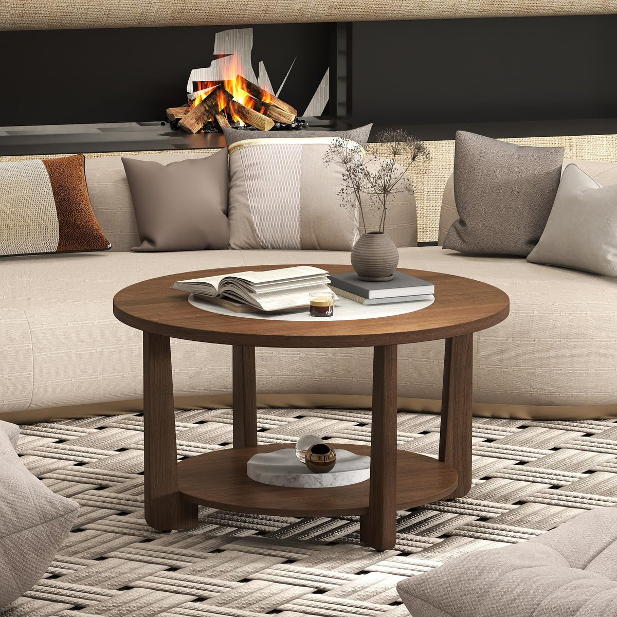 Goflame 2-Tier Round Farmhouse Living Room Coffee Table with 2-Tone Tabletop