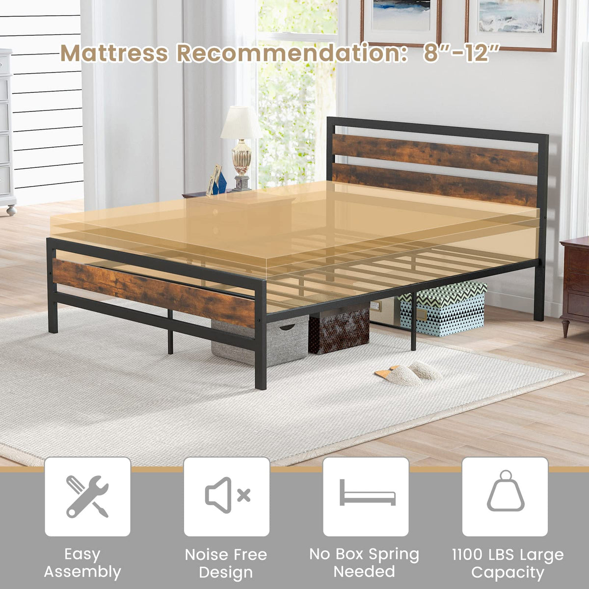 Goflame Queen Metal Platform Bed Frame with Wooden Headboard & Footboard, Rustic Brown