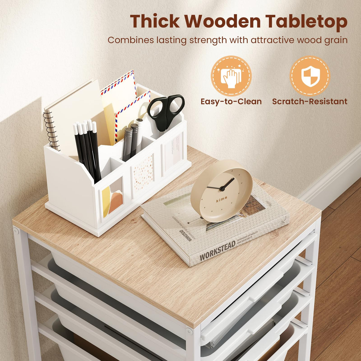 Goflame 5-Drawer Rolling Storage Cart Mobile Utility Organizer with Wooden Tabletop and Lockable Wheels