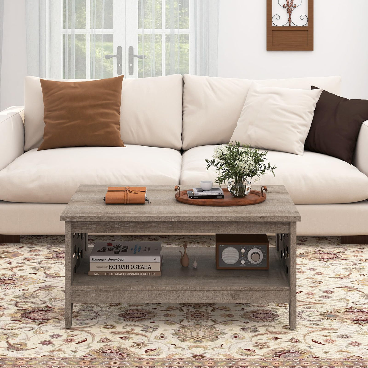 Goflame 2-Tier Farmhouse Coffee Table with Open Shelf and Woven Decorations for Living Room