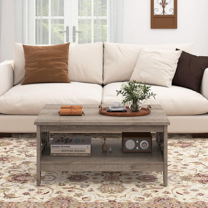 Goflame 2-Tier Farmhouse Coffee Table with Open Shelf and Woven Decorations for Living Room