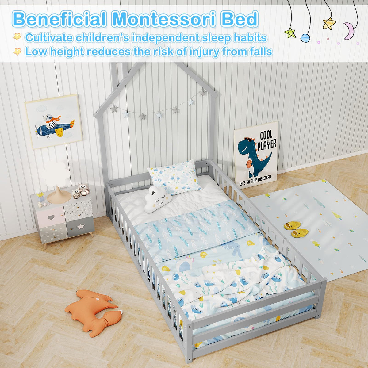 Goflame Twin Floor Bed, House-Shaped Montessori Bed Frame with Headboard, Full-Length Guardrail