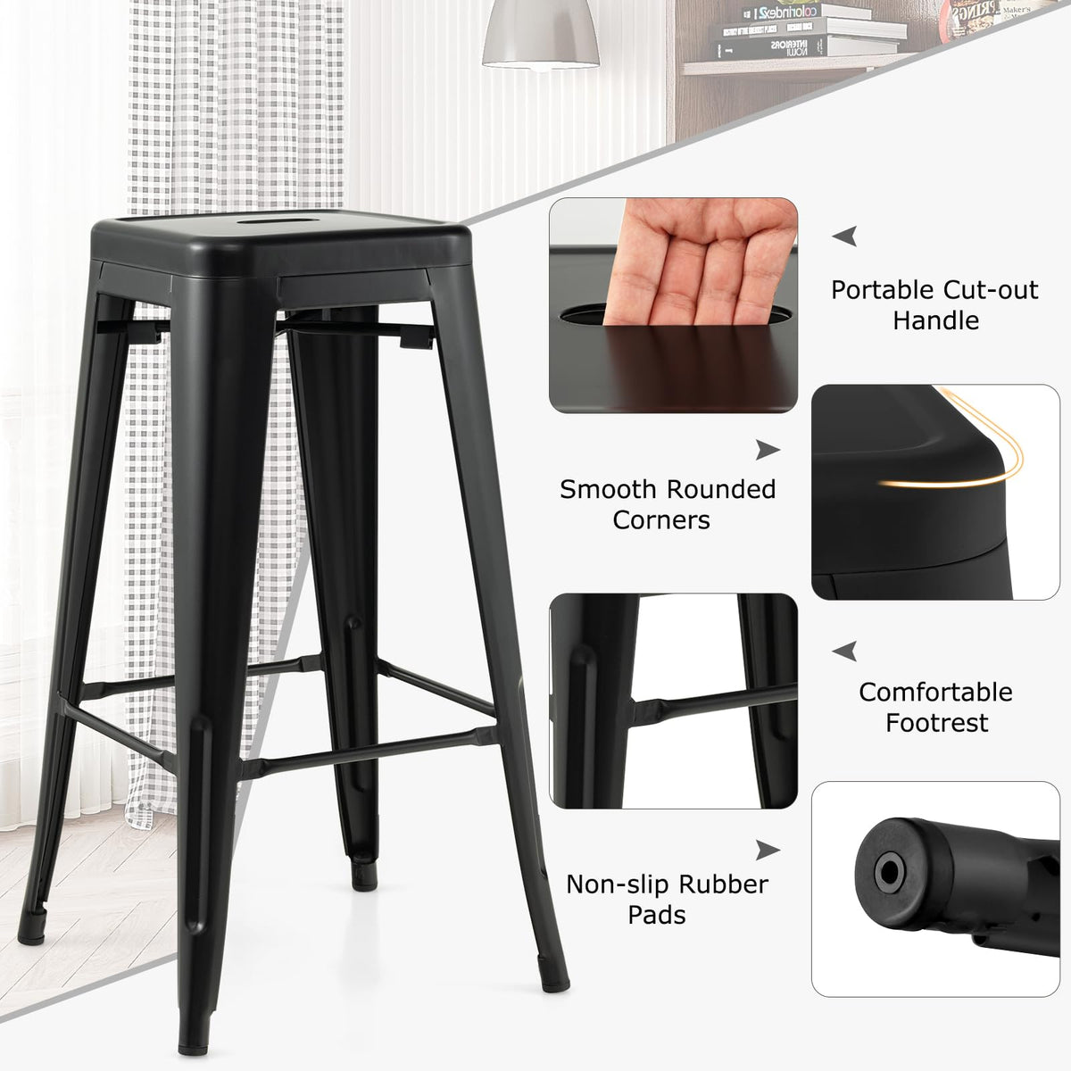 Goflame Metal Backless Bar Stools Set of 4, 30" Bar Height Modern Industrial Barstools w/Cut-out Handle