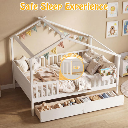 Goflame Full Size House Bed with Roof and Fence Rails for Kid
