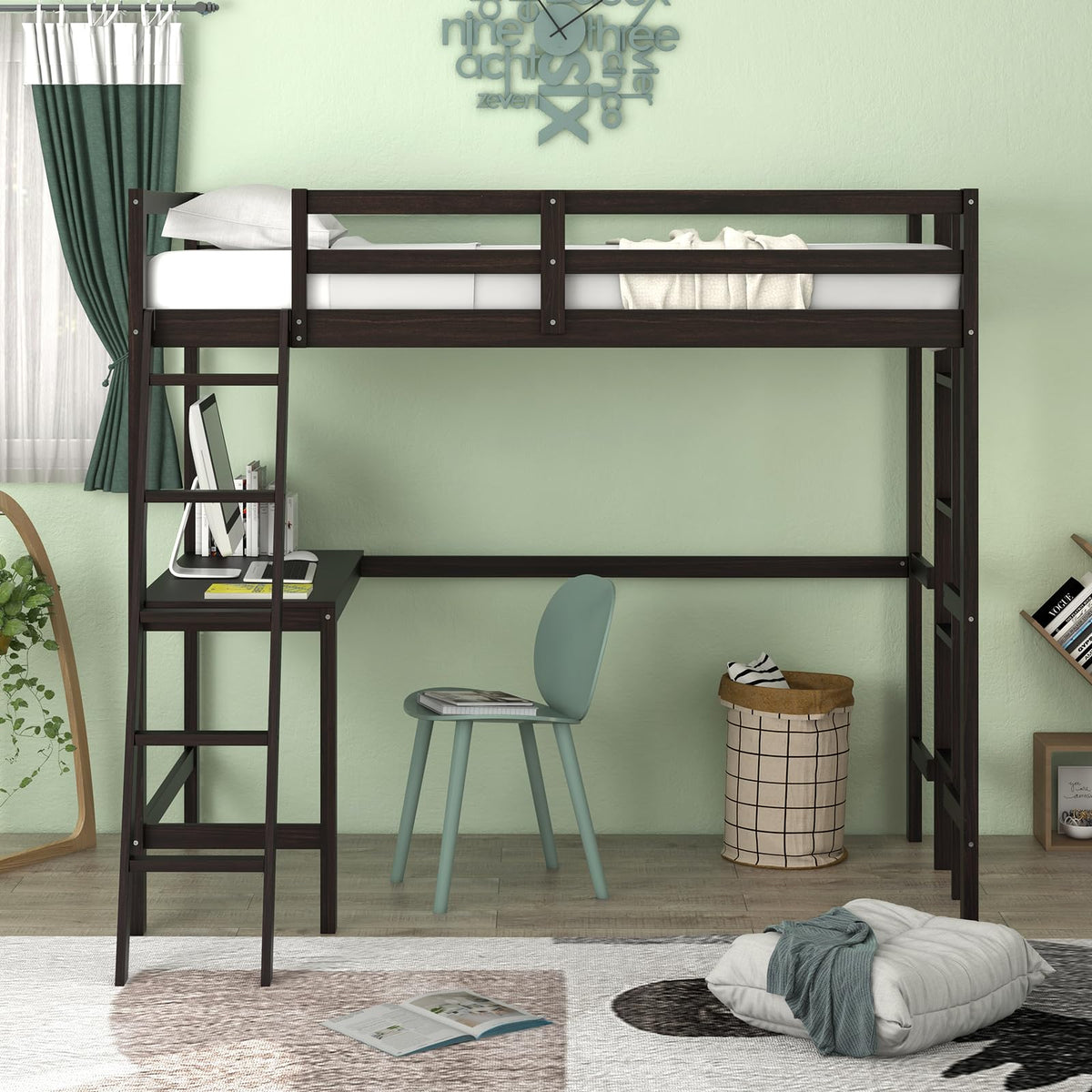 Goflame Twin Size Loft Bed with Desk, Solid Wood Loft Bed with 2 Ladders & Full Length Guardrail