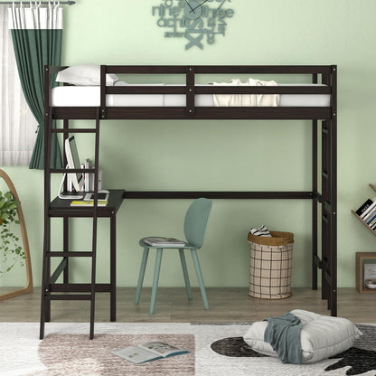 Goflame Twin Size Loft Bed with Desk, Solid Wood Loft Bed with 2 Ladders & Full Length Guardrail