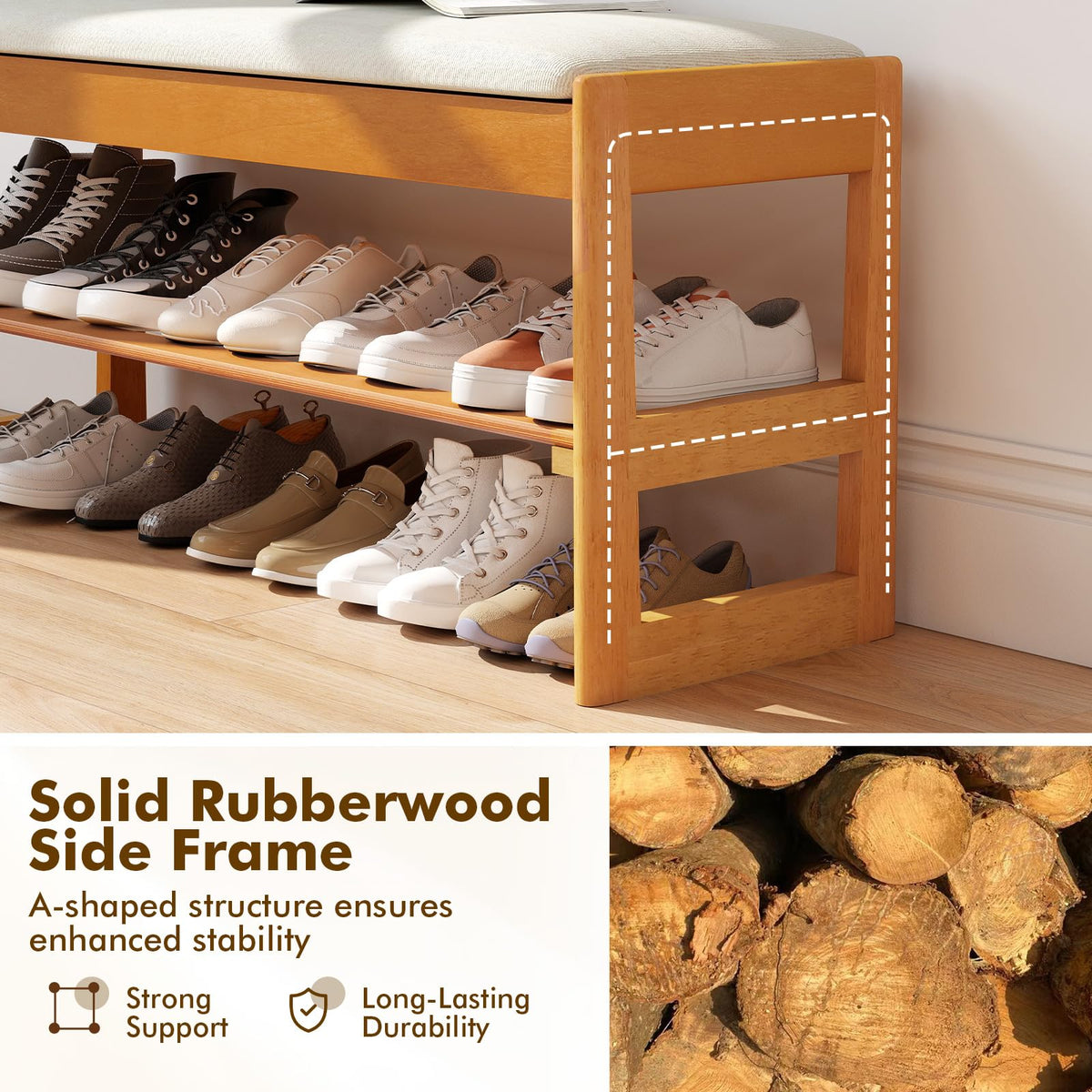 Goflame Rubberwood Shoe Rack Bench with Linen Seat Cushion