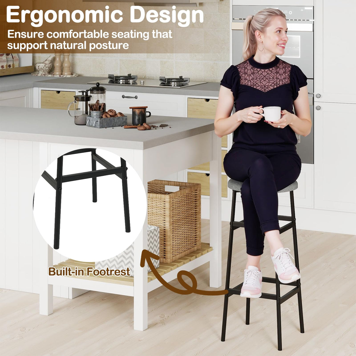 Goflame 29 Inch Bar Stools Set of 2/4 Upholstered Round Backless Bar Height Chairs with Sturdy Metal Frame and Footrest