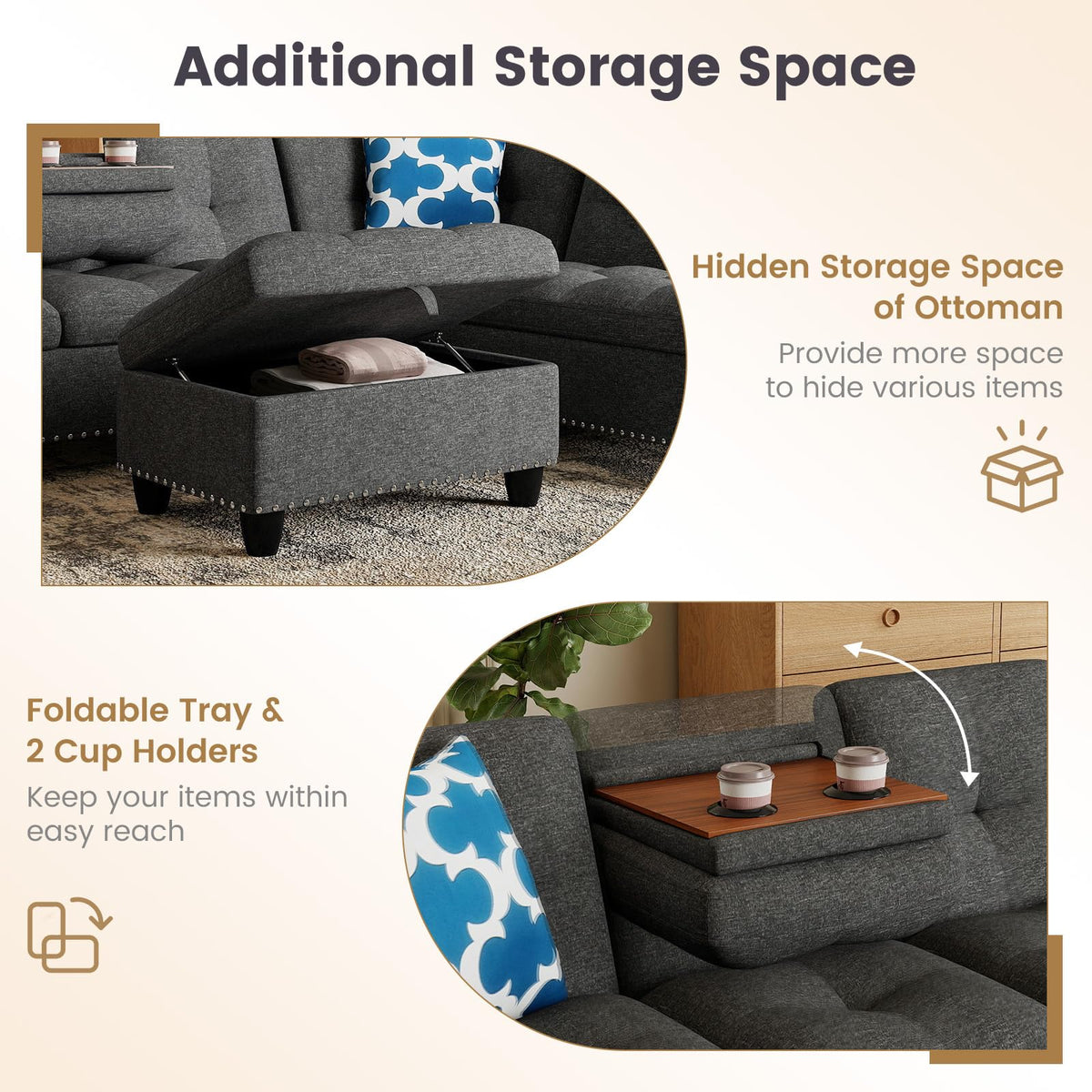 Goflame 98 Inches Sectional Sofa Couch with Movable Storage Ottoman and Linen Fabric Backs