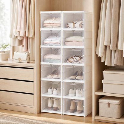 GOFLAME 6-Tier Foldable Shoe Storage Box| Stackable Space-Saving Shoe Rack Organizer Set of 2