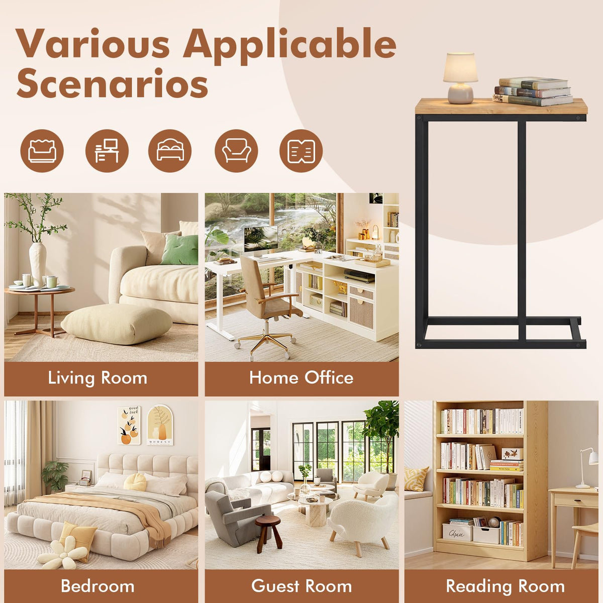 Goflame Small Sofa Couch Side Table That Slide Under with Metal Frame & Spacious Tabletop