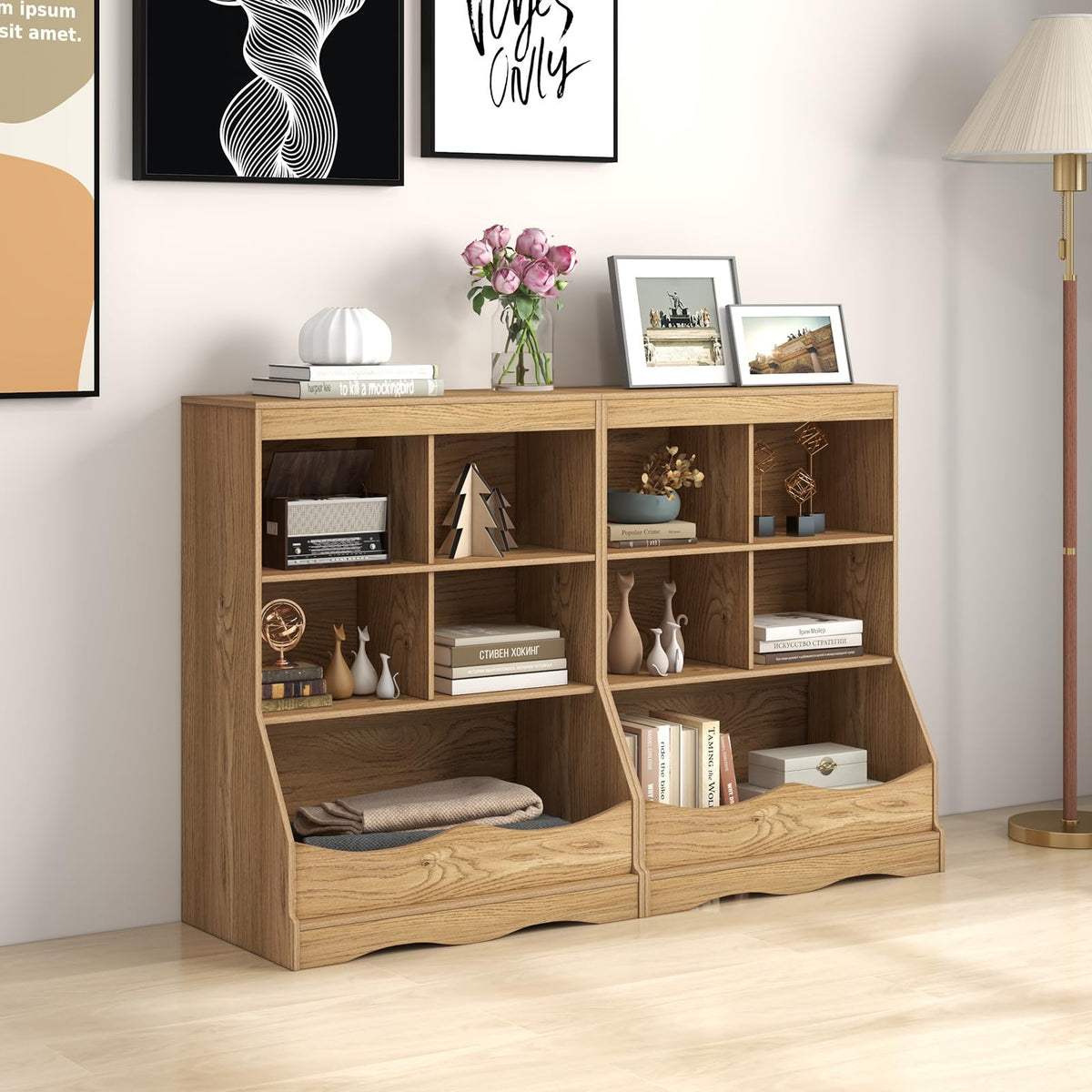 Goflame Storage Cabinet, Small Bookshelf, Short Bookcase with 4 Open Storage Cube & Bottom Compartment