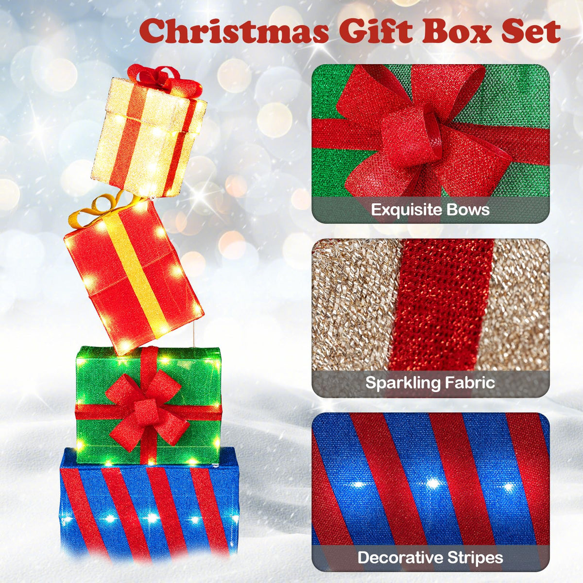 Goflame Christmas Lighted Gift Boxes Set of 4 | Light Up Present Boxes with Colorful Bows