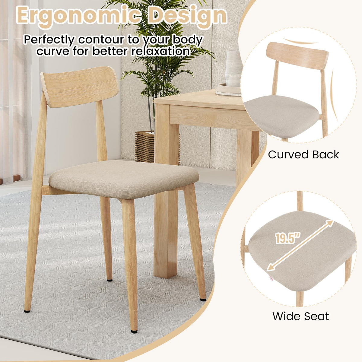Goflame Linen Fabric Upholstered Modern Dining Chair Set of 2/4 with Padded Seat and Curved Back