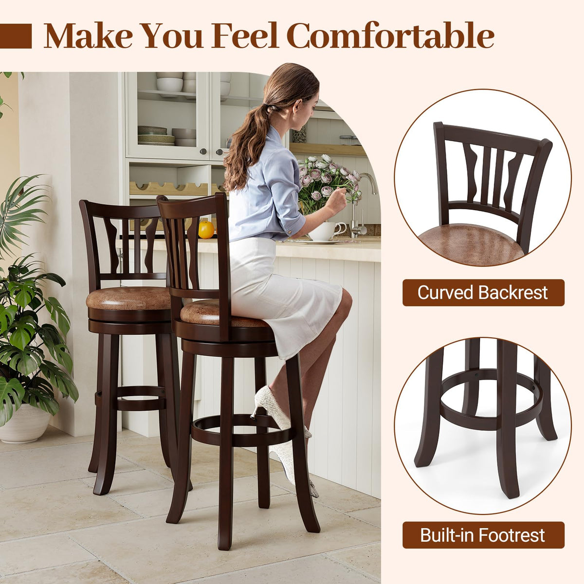 Goflame 30" Upholstered Bar Height Swivel Bar Stools Set of 2/4 with Back and Solid Rubber Frame