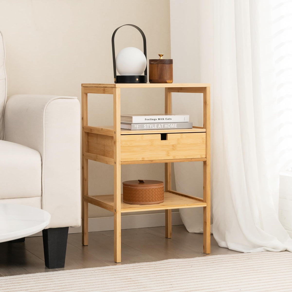 Goflame Nightstand Set of 1/2, Bamboo End Table with Drawer and 2 Open Shelves