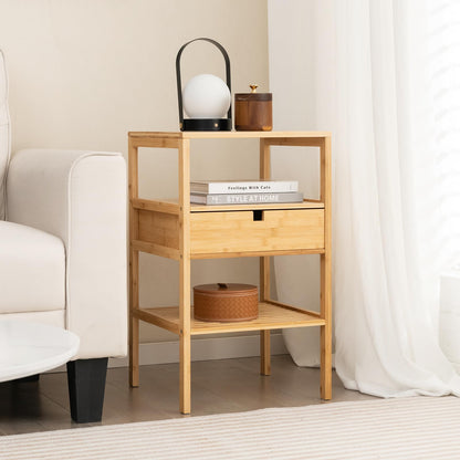 Goflame Nightstand Set of 1/2, Bamboo End Table with Drawer and 2 Open Shelves