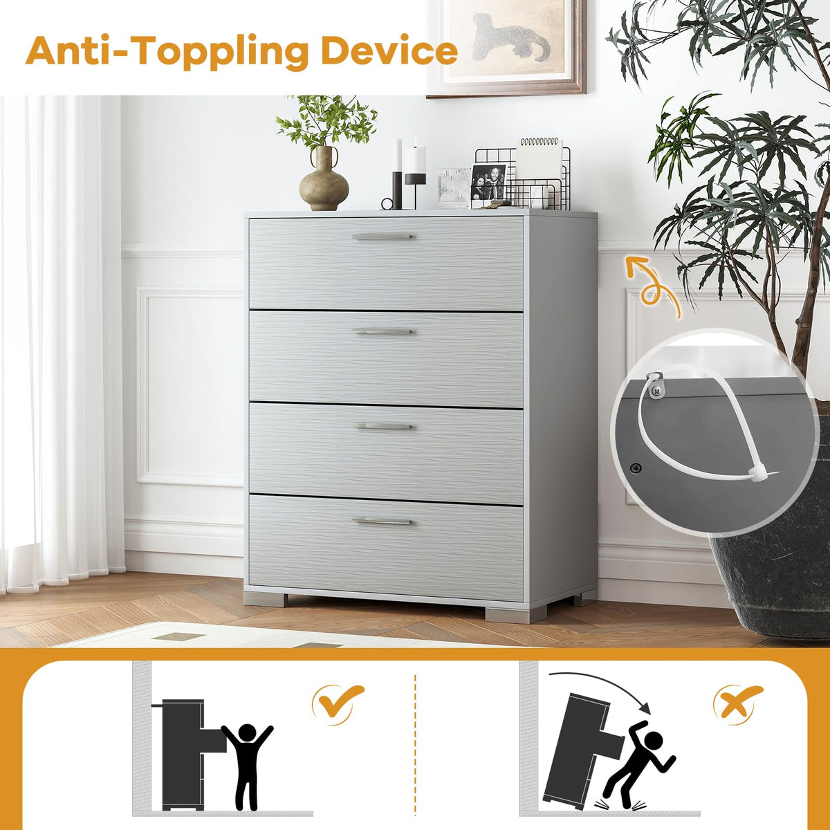 Goflame Storage Cabinet with 4 Drawers, Metal Legs & Handles, Anti-Toppling Devices, Tall Cabinet