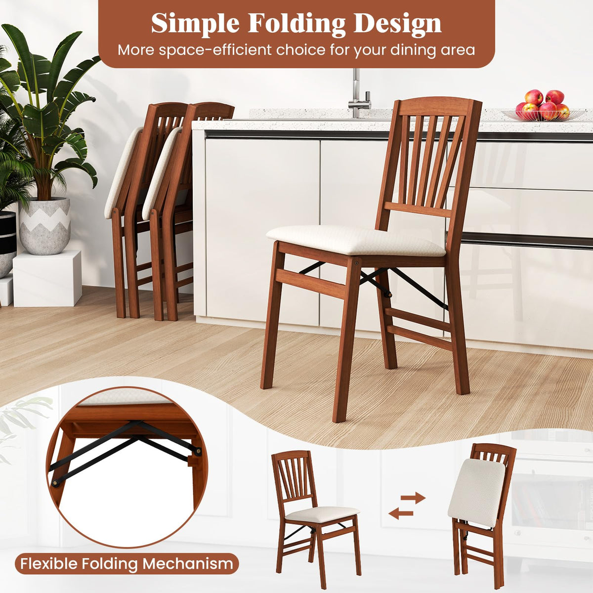 Goflame Folding Dining Chairs Set of 2/4, Modern Kitchen Chairs w/Padded Seat & Slatted Backrest, Rubber Wood Frame