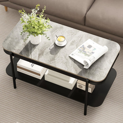 Goflame 2-Tier Coffee Table with Storage Faux Mable Center Table w/Sintered Stone Top