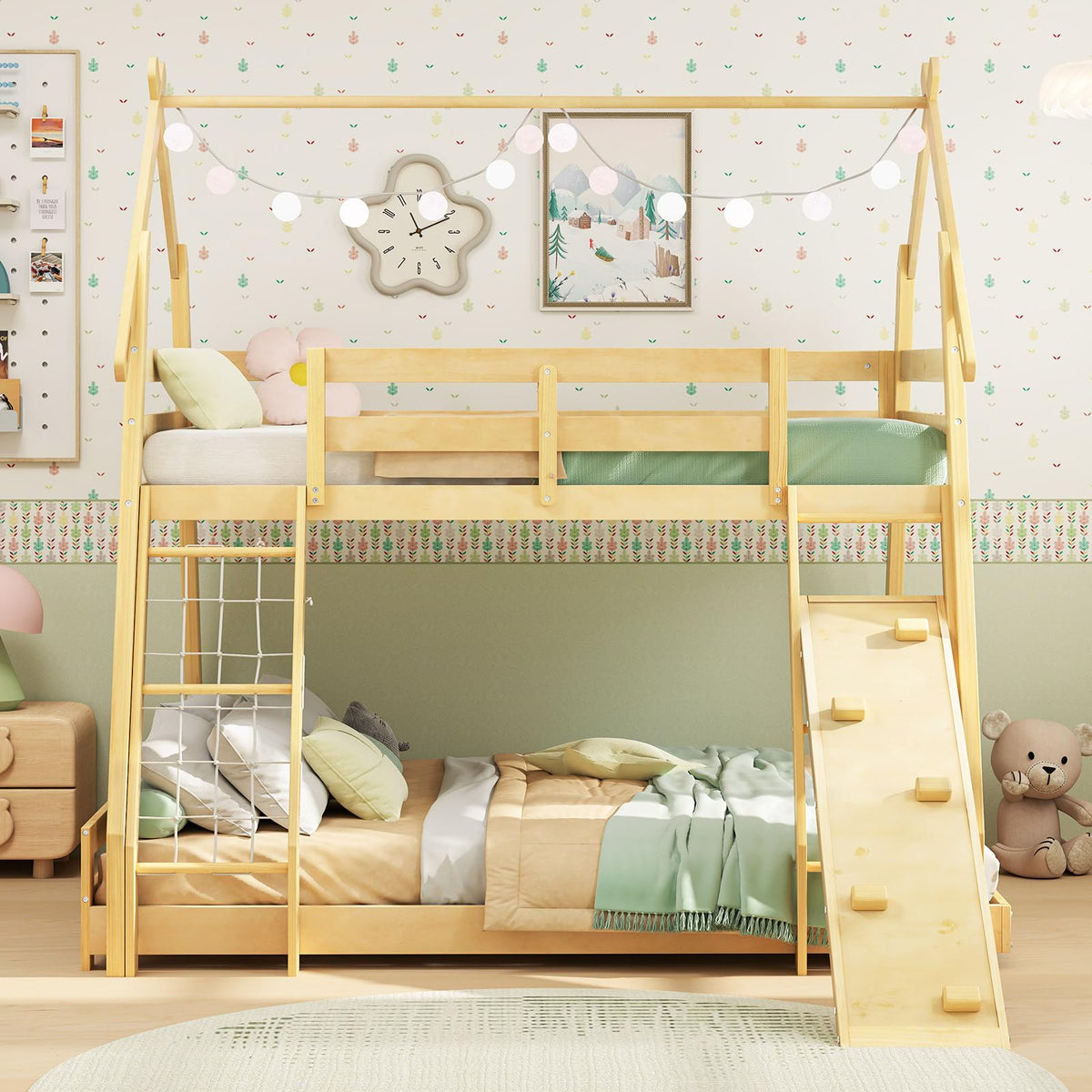 Goflame Twin Over Queen Bunk Bed, Wood House Bunk Bed for Kids with Climbing Nets and Ramp