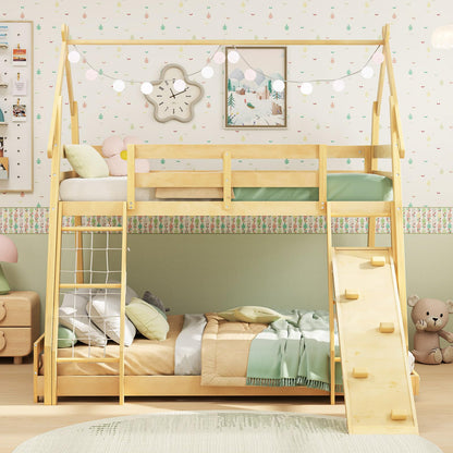 Goflame Twin Over Queen Bunk Bed, Wood House Bunk Bed for Kids with Climbing Nets and Ramp