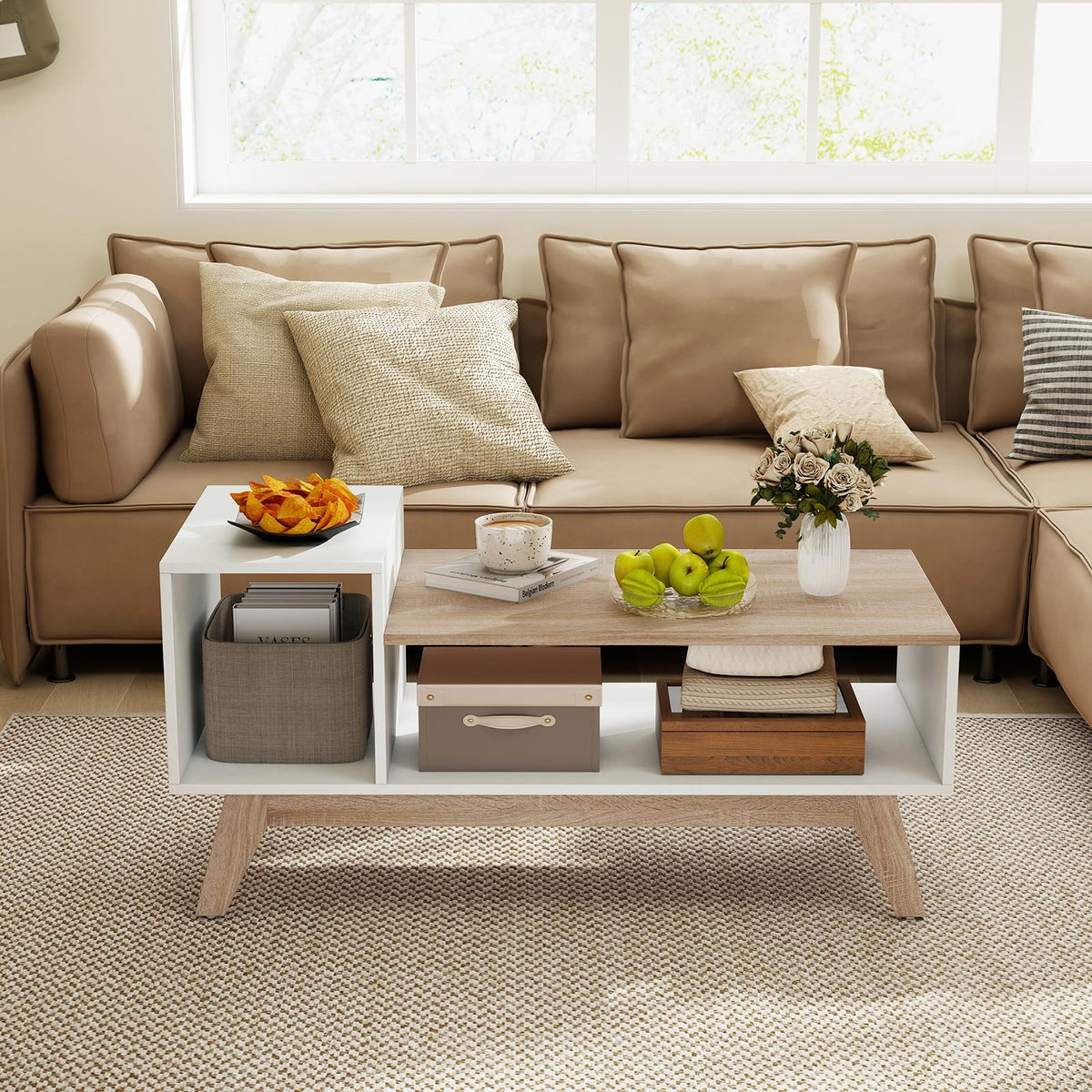 Goflame 2-Tier Coffee Table with Storage Mid Century Modern Center Table
