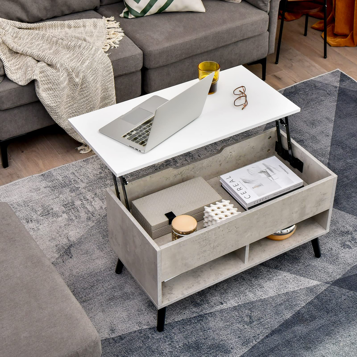 Goflame Lift Top Coffee Table, Modern Cocktail Table w/Hidden Compartment & 2 Open Shelves