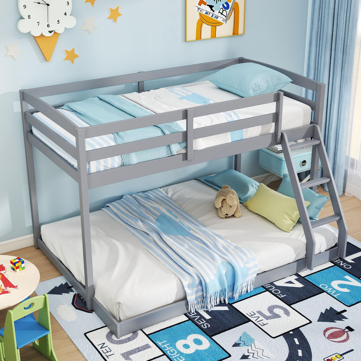 Goflame Twin Over Full Bunk Bed Solid Wood Kids Bunk Bed with Full-Length Guardrails & Ladder