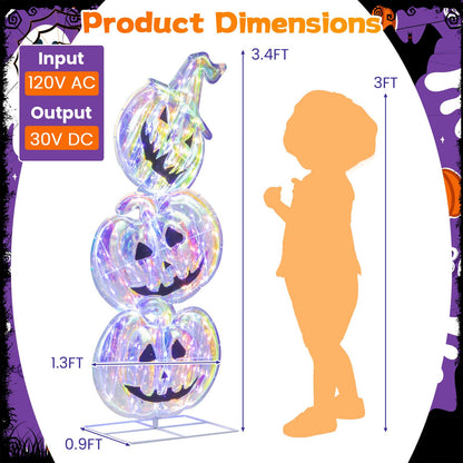 Goflame 3.4 Ft Halloween Decorations, Light up Stacked Pumpkins with 150 LED Lights