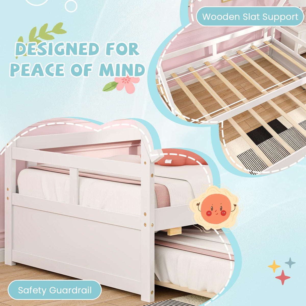Goflame Twin House Bed with Trundle, Wood Montessori Tent Bed Frame with Safety Guardrail