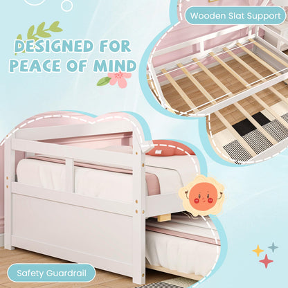 Goflame Twin House Bed with Trundle, Wood Montessori Tent Bed Frame with Safety Guardrail
