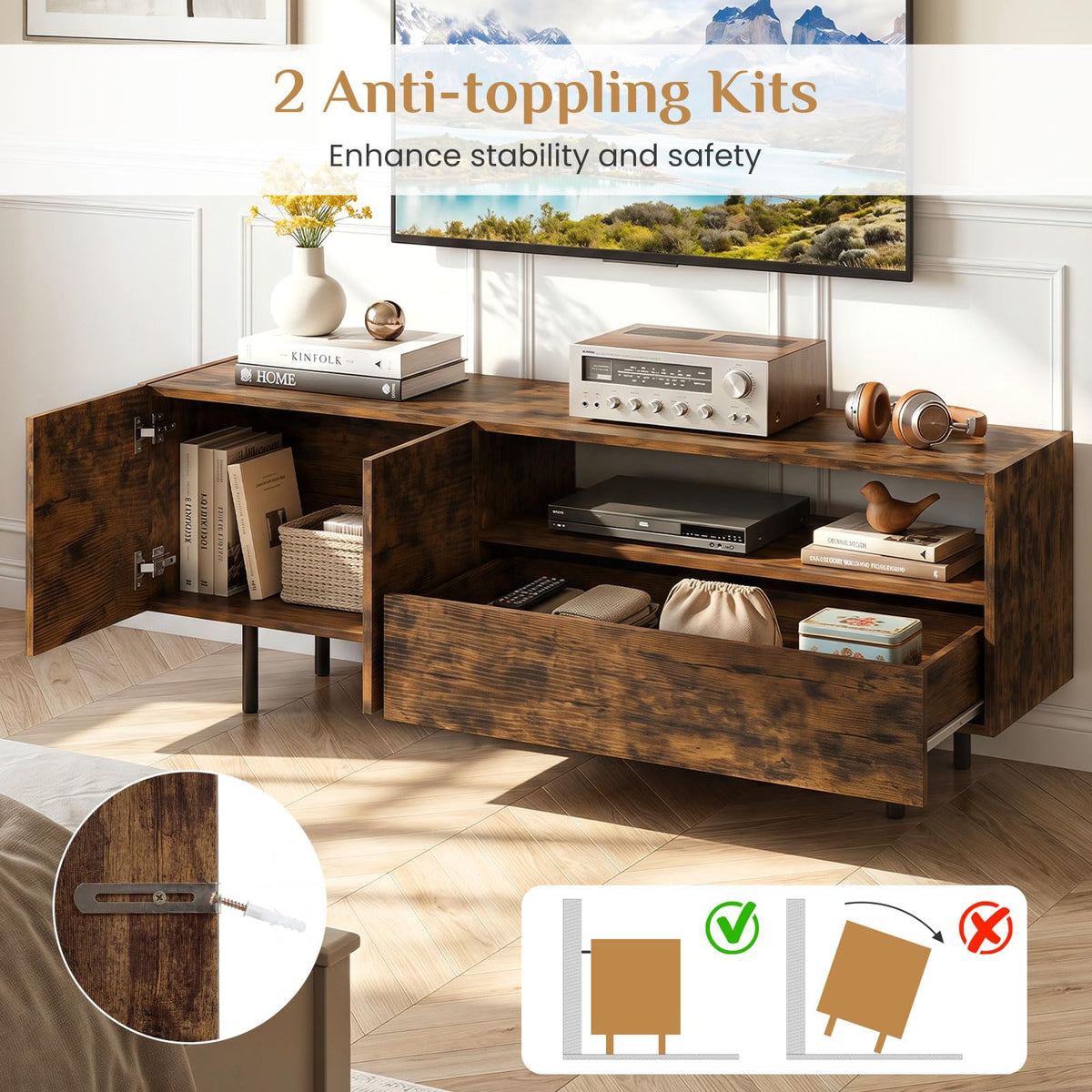 Goflame Wooden TV Stand for TVs up to 70" with Storage Cabinet