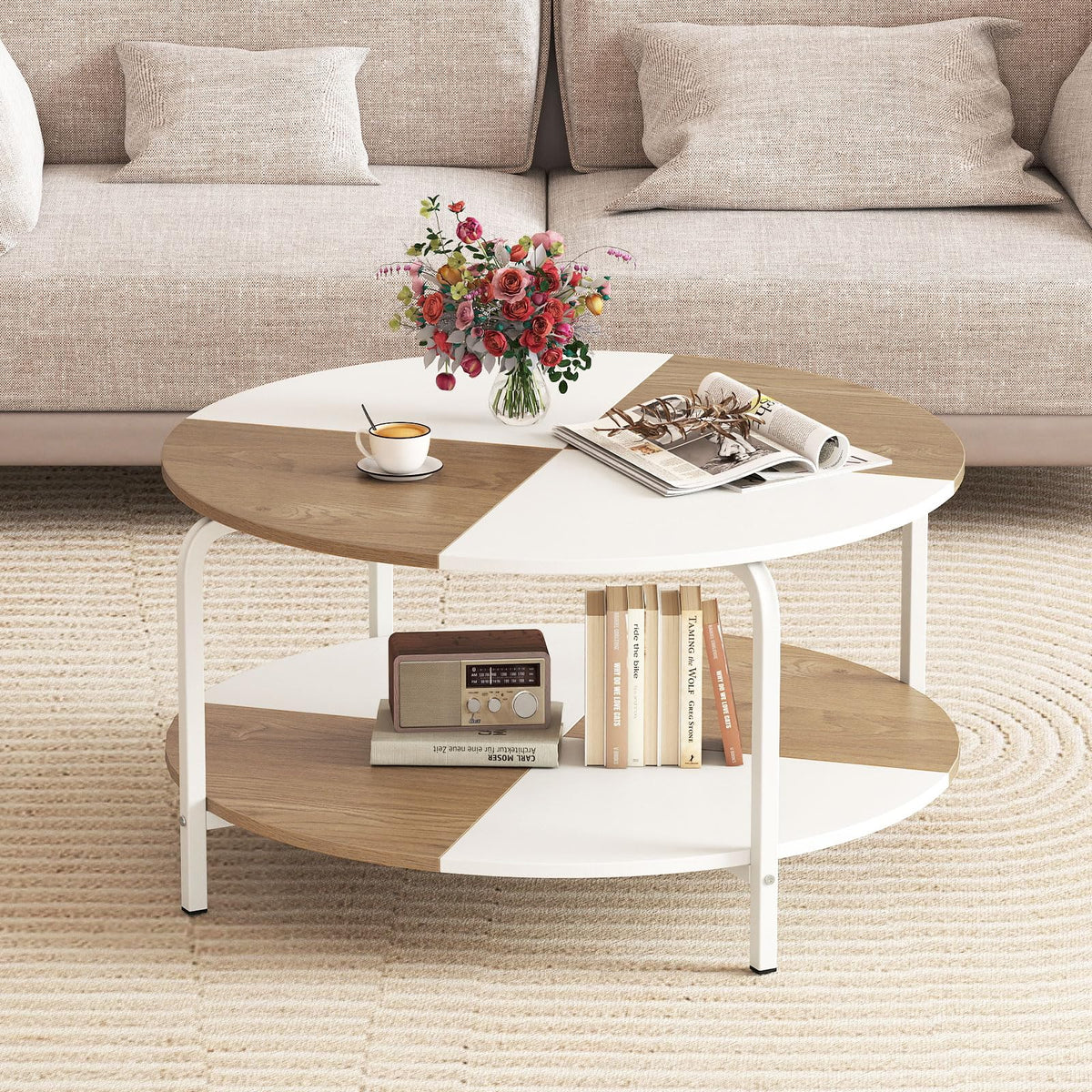 Goflame Round Coffee Table 2-Tier Center Table with Open Storage Shelf