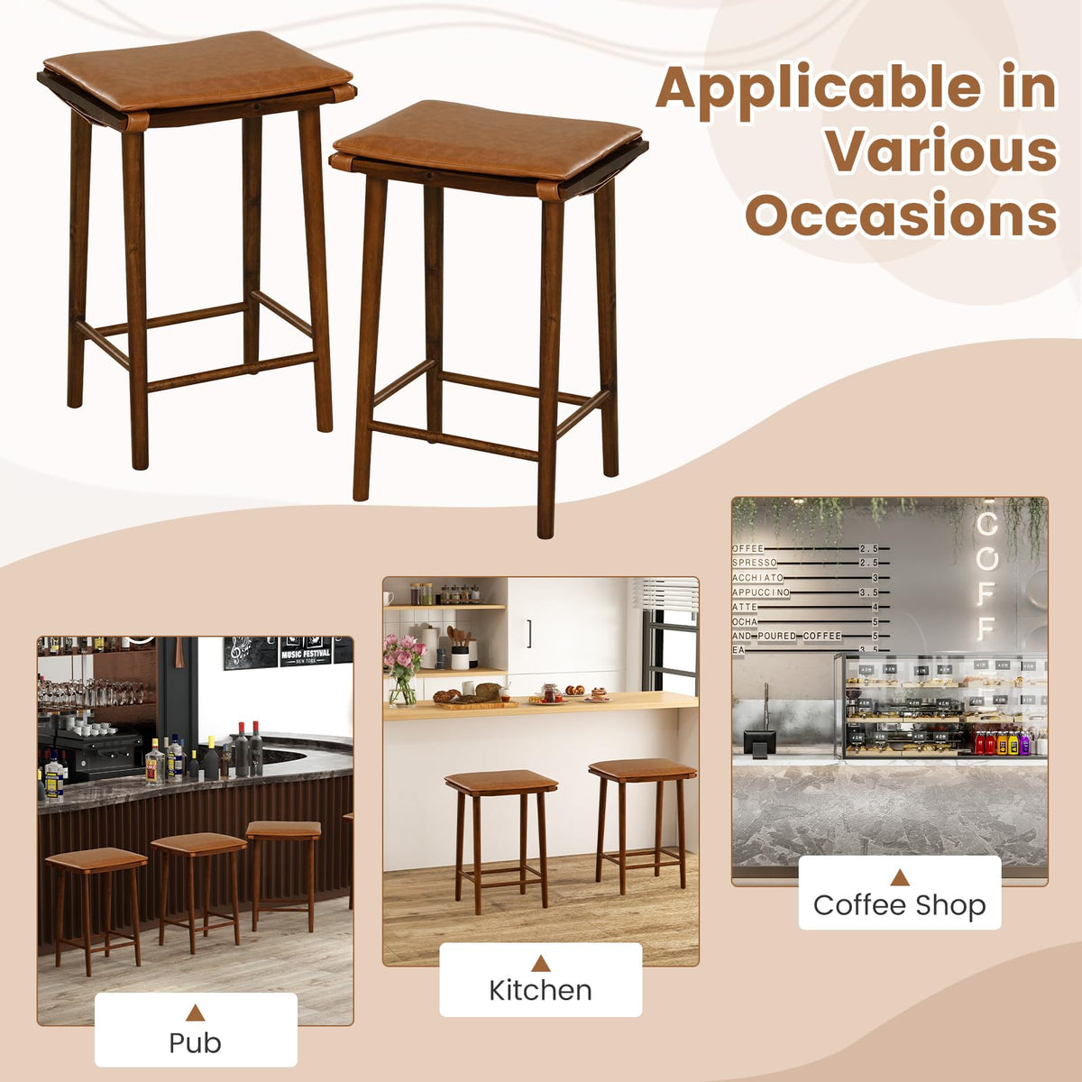 Goflame Bar Stools Set of 4, Wooden Backless Barstools for Kitchen Island