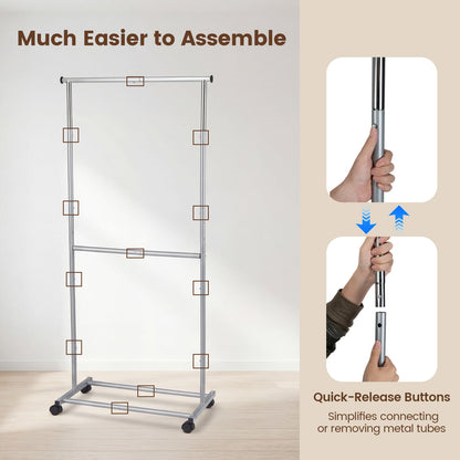 Goflame Extendable Double-Rod Rolling Clothing Rack for Hanging Clothes
