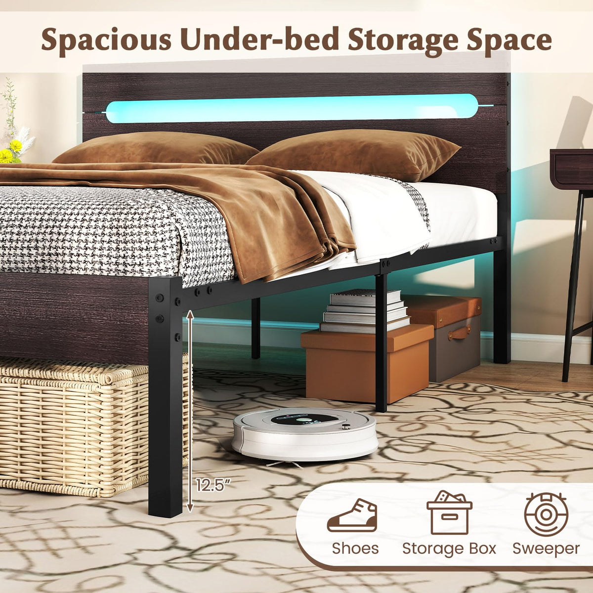 Goflame Full Size LED Bed Frame with Charging Station Rustic Metal Platform Bed