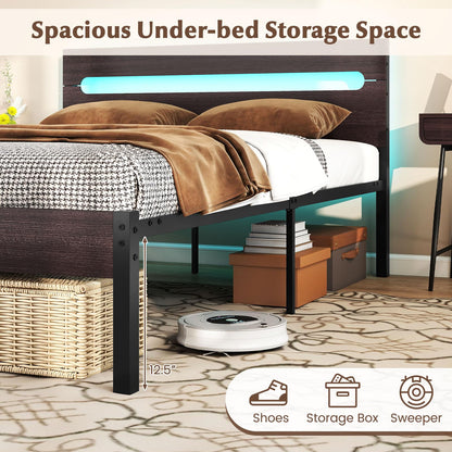 Goflame Full Size LED Bed Frame with Charging Station Rustic Metal Platform Bed