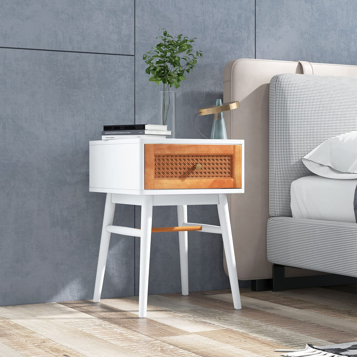 Goflame Rattan Nightstand, Boho End Side Table with Rattan Decorated Storage Drawer & Solid Wood Legs