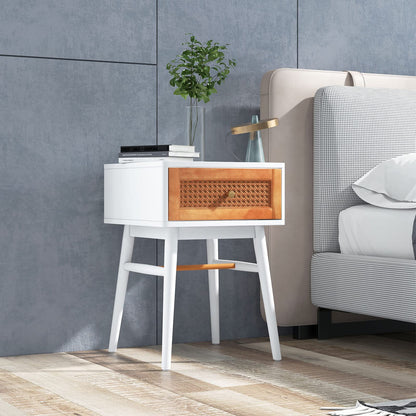 Goflame Rattan Nightstand, Boho End Side Table with Rattan Decorated Storage Drawer & Solid Wood Legs