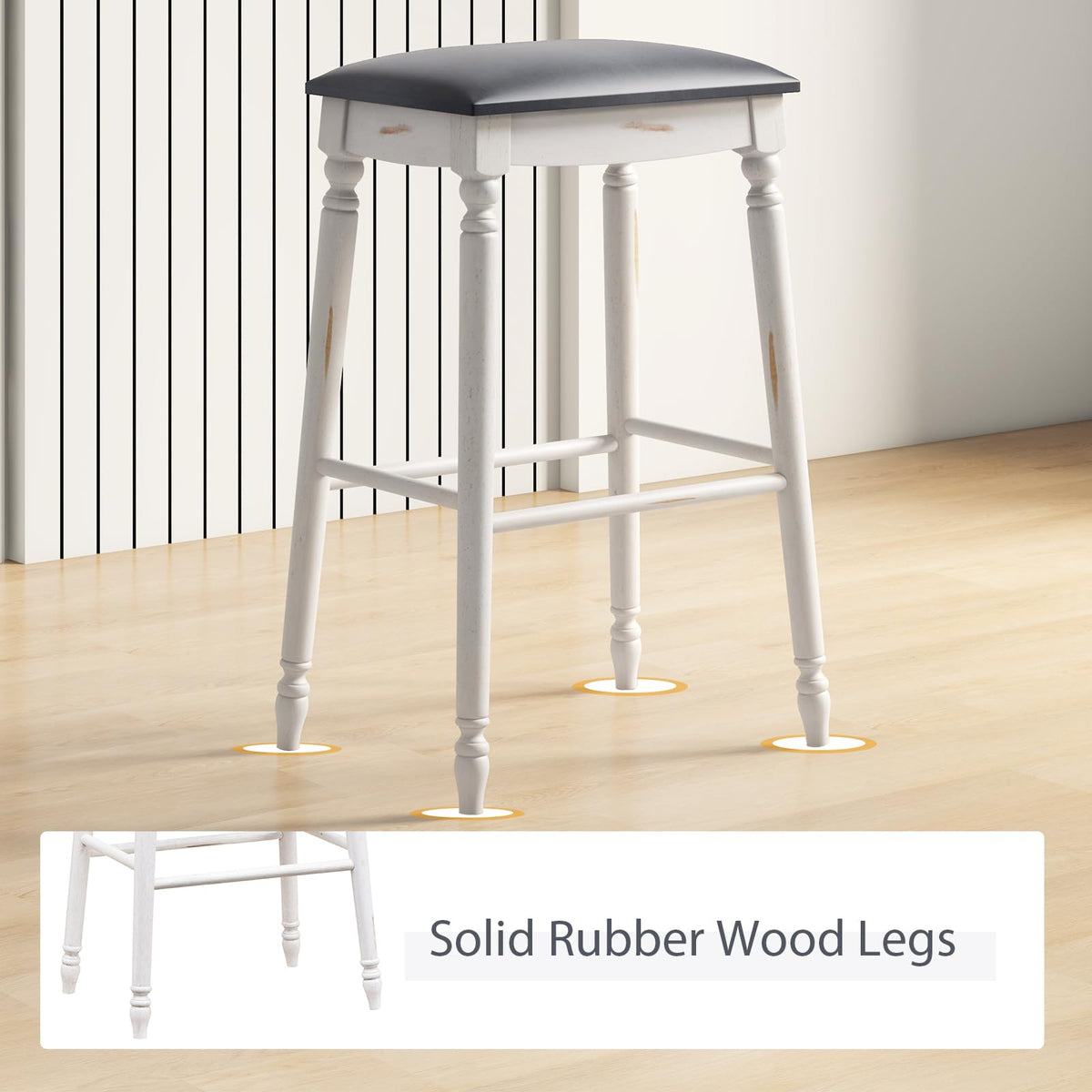 Goflame Bar Stools, 29"/24" Bar Height Saddle Stools w/Padded Seat, Rubber Wood Legs, Footrests & Antiqued Surface