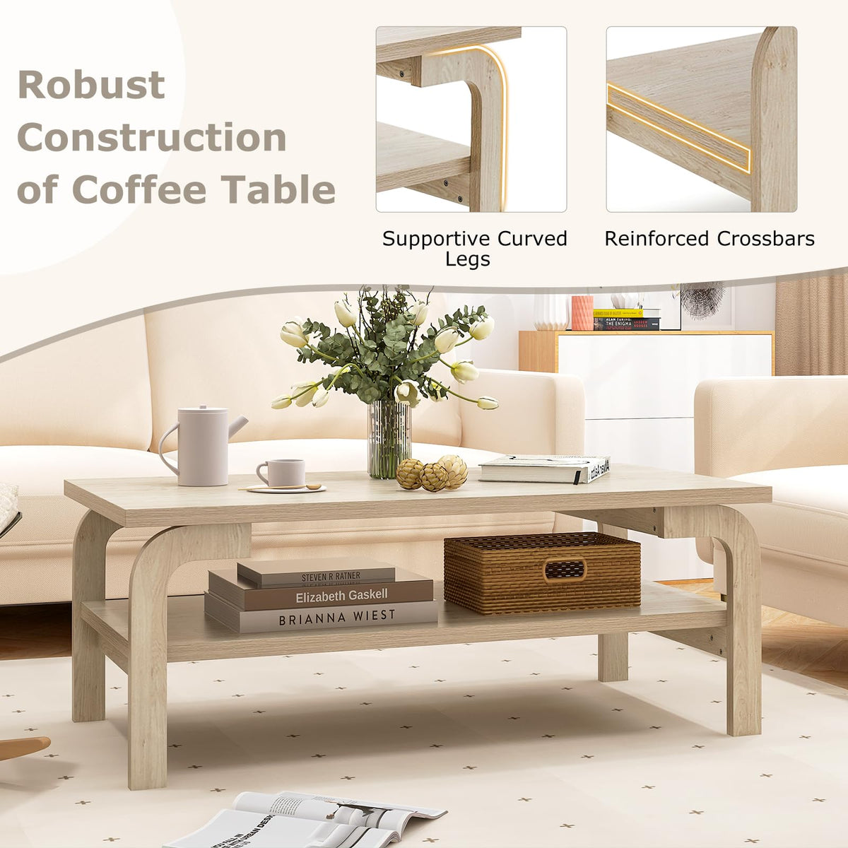 Goflame 2-Tier Coffee Table with Storage, 47” Mid Century Rectangle Accent Table with Open Shelf